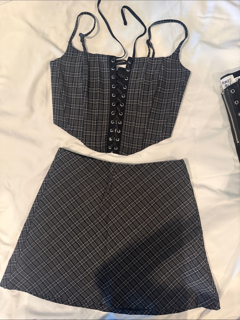 Garage Black Plaid Lace-Up Corset Crop Top and Mini Skirt Set